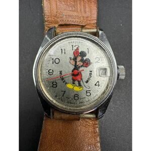 Bradley Mickey Mouse Vintage Watch Swiss Made Brown Genuine Leather Strap